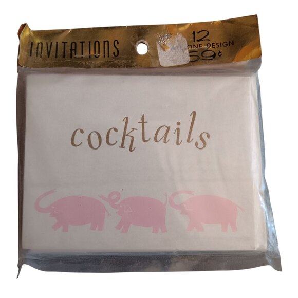 Vintage Cocktail Invitation Cards Set 12 Envelopes With Pink Elephant Design - Picture 1 of 3